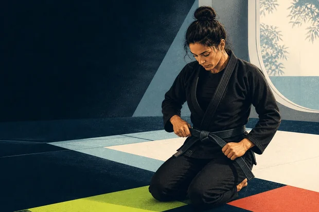 An athlete tying a black belt before training