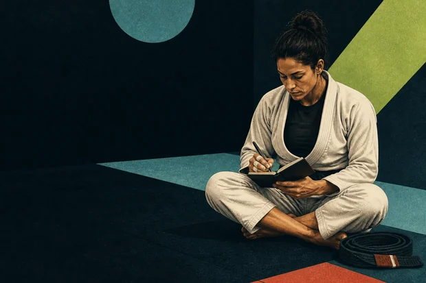An athlete writing in a training notebook after class