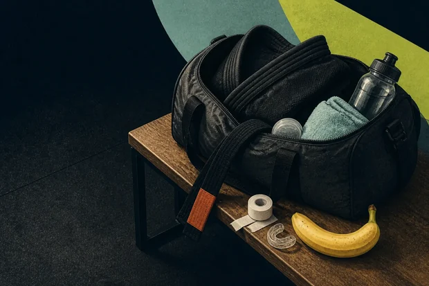 A packed training bag on a bench