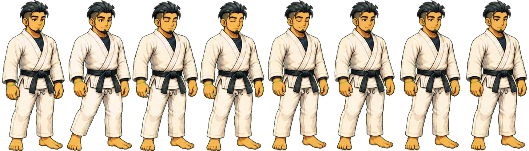 Rook, the app's coach character, standing in a white gi and black belt, breathing
