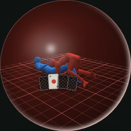 The Counter sphere: two figures on a red-lit mat inside a glass ball