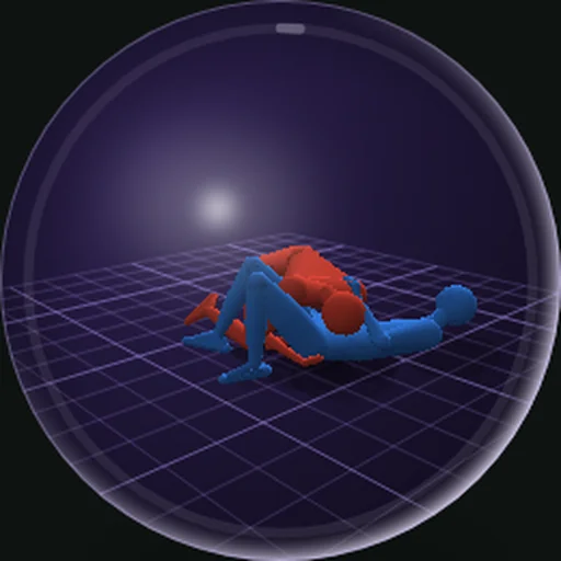 The Roll sphere: two figures on a violet-lit mat inside a glass ball