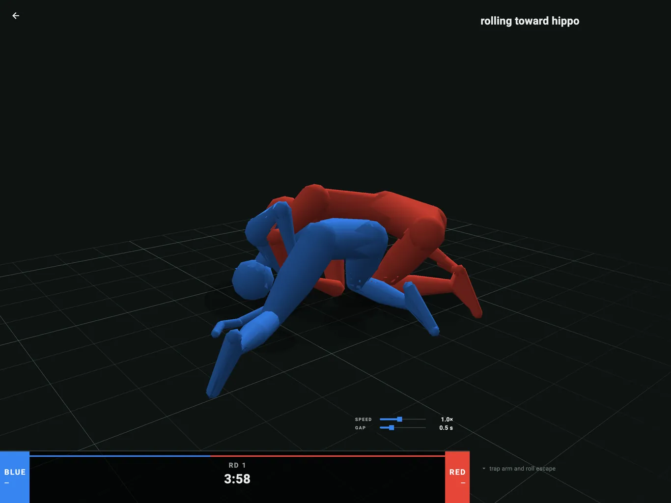 RookFlow on an iPad in landscape: two figures mid-roll, the round clock and the move being played