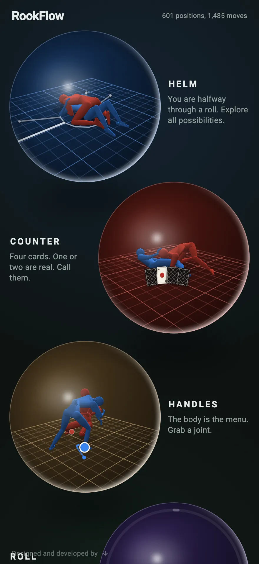 RookFlow's launcher: four glass spheres — Helm, Counter, Handles and Roll — each holding a pair of grappling figures
