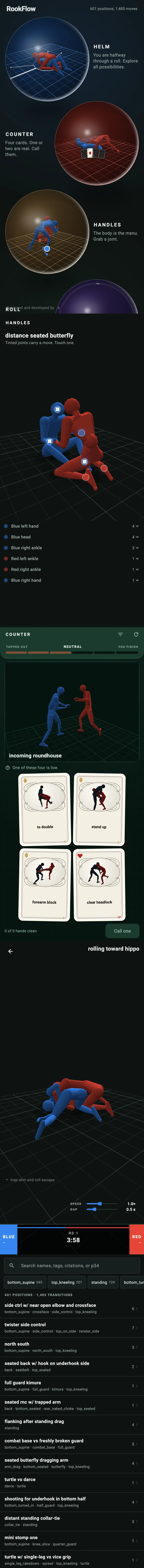 RookFlow in dark, scrolling through the launcher, Handles, Counter, Roll and the position finder