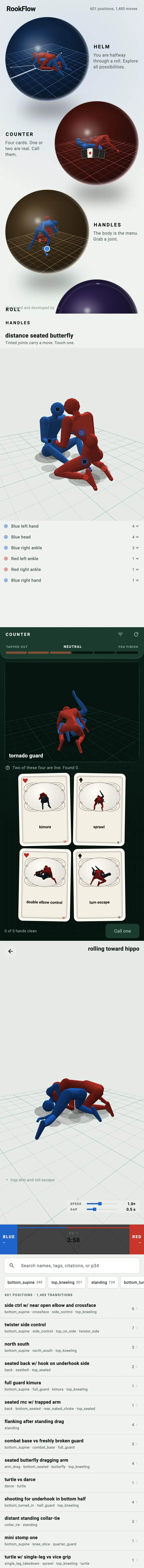 RookFlow in light, scrolling through the launcher, Handles, Counter, Roll and the position finder